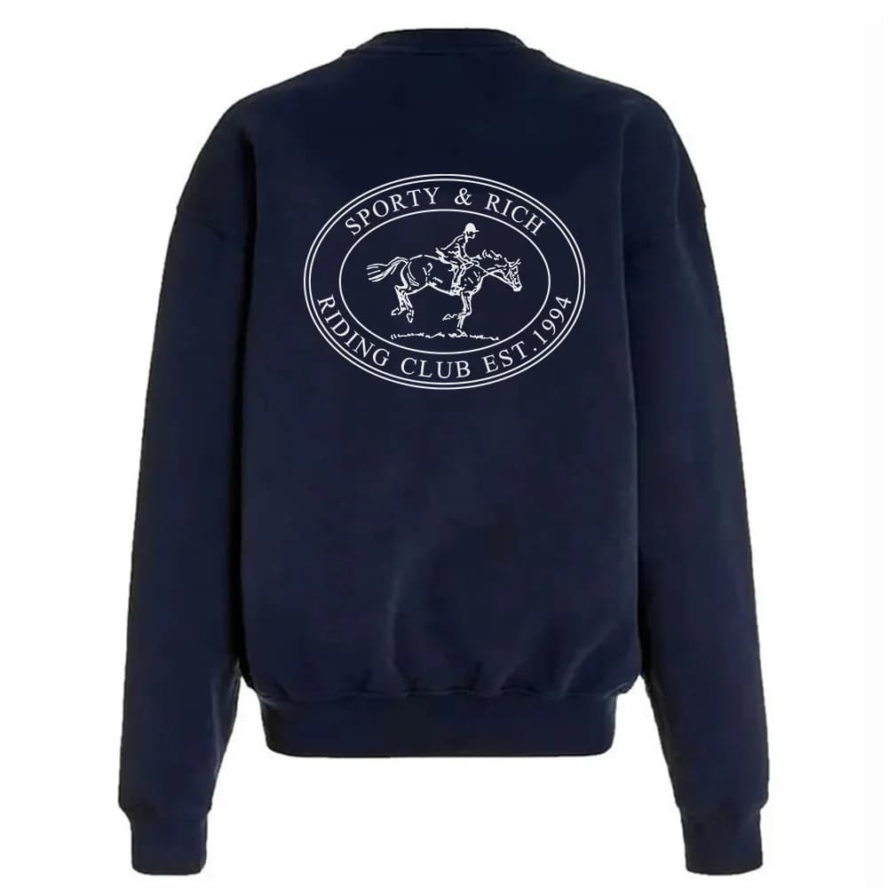 American Vintage Style Riding Club Printing Female Sweatshirts Navy Crewneck Oversize Cotton Pullover Ins Fashion 90's Jumper