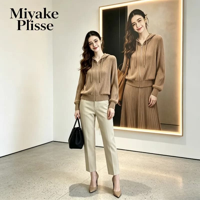 Miyake Pleated 2026 Autumn New Solid Color Zipper Hooded High-end Lazy Style Sweatshirt Pleated Versatile Top for Women Pleat