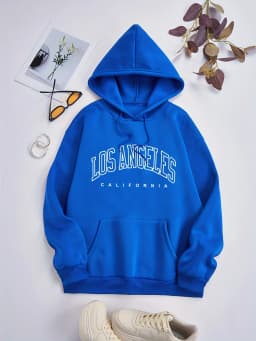 Women's Autumn and Winter Fashion Casual Sports Loose Los Angeles Print Fleece Warm Long Sleeved Pocket Hooded Sweatshirt
