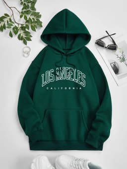 Women's Autumn and Winter Fashion Casual Sports Loose Los Angeles Print Fleece Warm Long Sleeved Pocket Hooded Sweatshirt