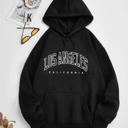 Women's Autumn and Winter Fashion Casual Sports Loose Los Angeles Print Fleece Warm Long Sleeved Pocket Hooded Sweatshirt
