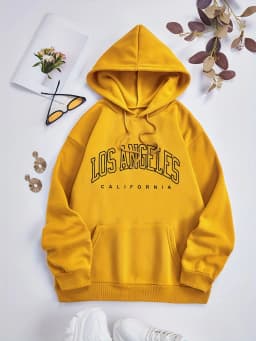 Women's Autumn and Winter Fashion Casual Sports Loose Los Angeles Print Fleece Warm Long Sleeved Pocket Hooded Sweatshirt