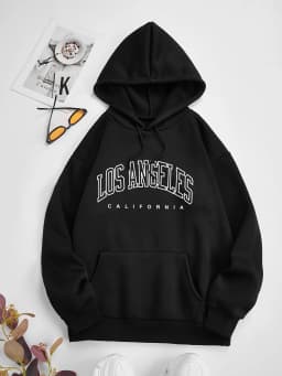 Women's Autumn and Winter Fashion Casual Sports Loose Los Angeles Print Fleece Warm Long Sleeved Pocket Hooded Sweatshirt