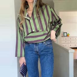 Casual Batwing Sleeve Pocket Lady Top Fashion Button Stripe Print Pullover Hoodie Elegant Stand Collar Hight Street Loose Blouse