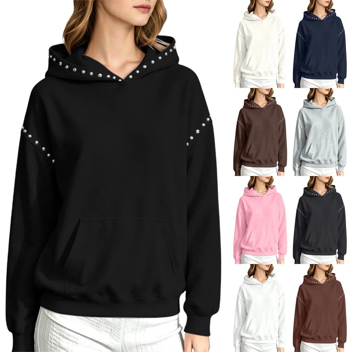Women Winter Fashion Pullover Hooded Sweater With Metal And Pocket Hooded Pullover Shirt Hooded Sweatshirt with Pockets Women