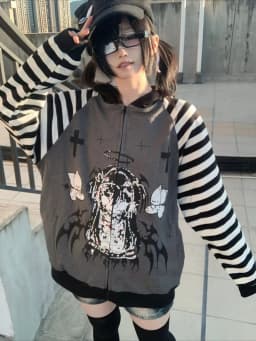 2026 Subculture Faux Fur Print Jacket with Hooded Women Casual Slim Vintage Hoodies Y2k Gothic Punk Cropped Zipper Sweatshirt