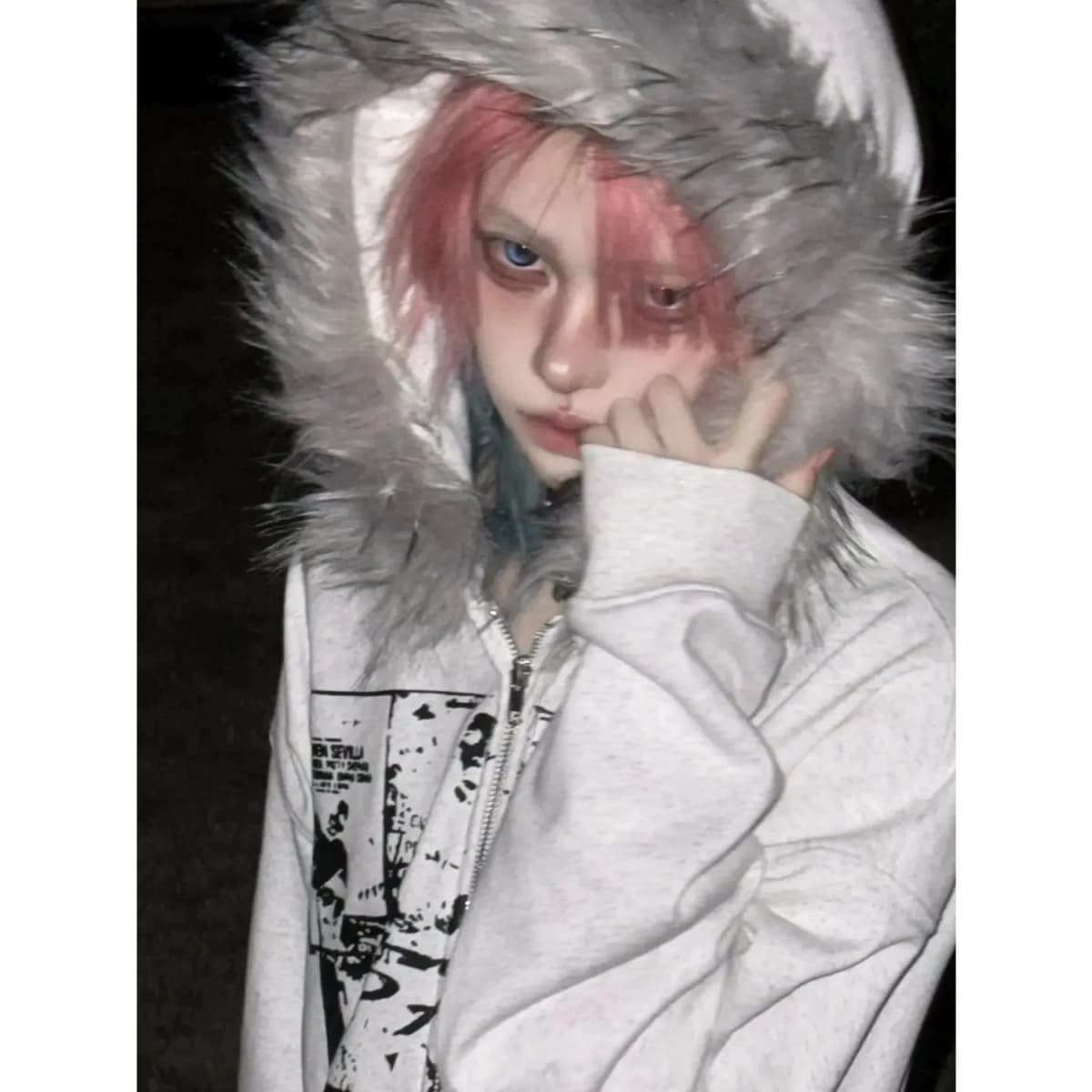 2026 Subculture Faux Fur Print Jacket with Hooded Women Casual Slim Vintage Hoodies Y2k Gothic Punk Cropped Zipper Sweatshirt