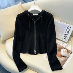 Korean Style Women's Zipper Hoodie Double Headed Slim Fit Short Base Shirt Brushed Fleece Jacket Outerwear Long Sleeve