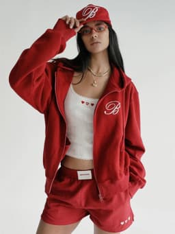American Style Women's Embroidered Hoodie Casual Loose Outerwear Red Trendy Long Sleeve Zipper Closure Comfortable Sweatshirt