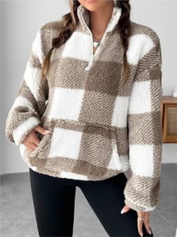 Fashion Short Checkered Semi-open Collar Plush Women's Hoodie New Autumn Winter Casual Warm Versatile Female Long-sleeved Hoodie