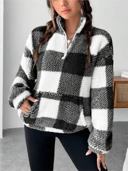 Fashion Short Checkered Semi-open Collar Plush Women's Hoodie New Autumn Winter Casual Warm Versatile Female Long-sleeved Hoodie