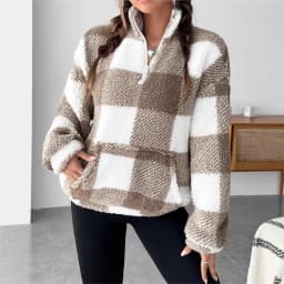 Fashion Short Checkered Semi-open Collar Plush Women's Hoodie New Autumn Winter Casual Warm Versatile Female Long-sleeved Hoodie