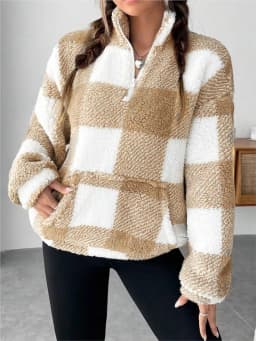 Fashion Short Checkered Semi-open Collar Plush Women's Hoodie New Autumn Winter Casual Warm Versatile Female Long-sleeved Hoodie