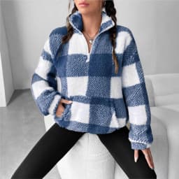 Fashion Short Checkered Semi-open Collar Plush Women's Hoodie New Autumn Winter Casual Warm Versatile Female Long-sleeved Hoodie