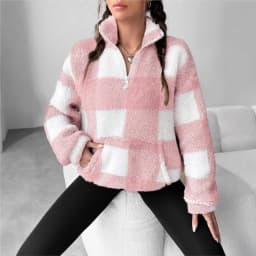 Fashion Short Checkered Semi-open Collar Plush Women's Hoodie New Autumn Winter Casual Warm Versatile Female Long-sleeved Hoodie