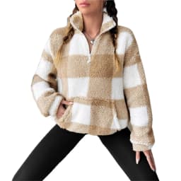 Fashion Short Checkered Semi-open Collar Plush Women's Hoodie New Autumn Winter Casual Warm Versatile Female Long-sleeved Hoodie