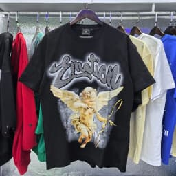 Mixed Emotion Streetwear Summer Angel Baby Rhinestone Loose Pure Cotton Shiirt for Men Women Hip Hop Tops