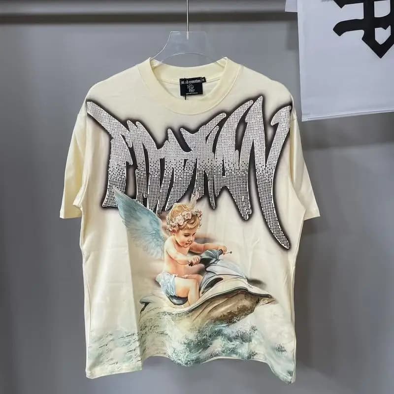 Mixed Emotion Streetwear Summer Angel Baby Rhinestone Loose Pure Cotton Shiirt for Men Women Hip Hop Tops