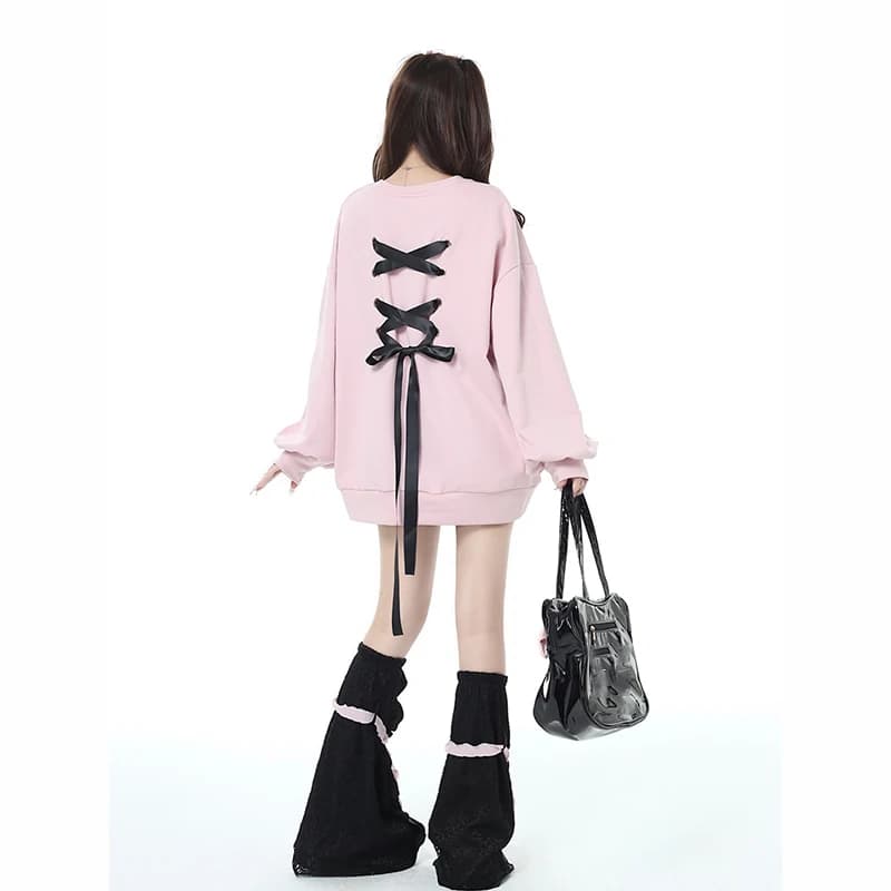 Sweet Bow Ribbon Ties Sweatshirt Women Chic Love Embroidery Y2K Loose Pullover Autumn Casual O Neck Long Sleeve Jumper Tops New