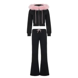 Women Cropped Hoodie sweatshirts Sexy Slim Chic Fur Collar Cardigan Sweatshirt Elastic Waist Drawstring Pants French Streetwear