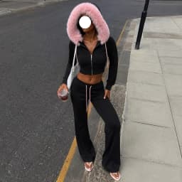 Women Cropped Hoodie sweatshirts Sexy Slim Chic Fur Collar Cardigan Sweatshirt Elastic Waist Drawstring Pants French Streetwear