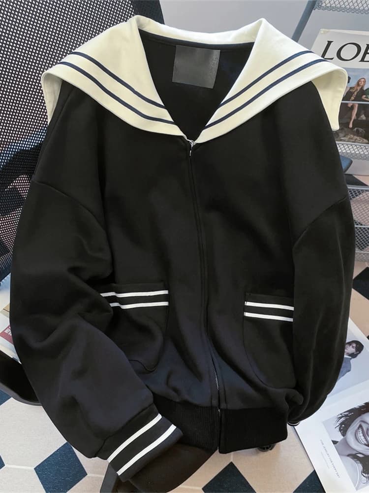 Korean Style Short Navy Collar Sweatshirt Jacket Women's Autumn Winter Fashion Unique Zipper Open Cardigan Top Hmke Brand