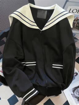 Korean Style Short Navy Collar Sweatshirt Jacket Women's Autumn Winter Fashion Unique Zipper Open Cardigan Top Hmke Brand