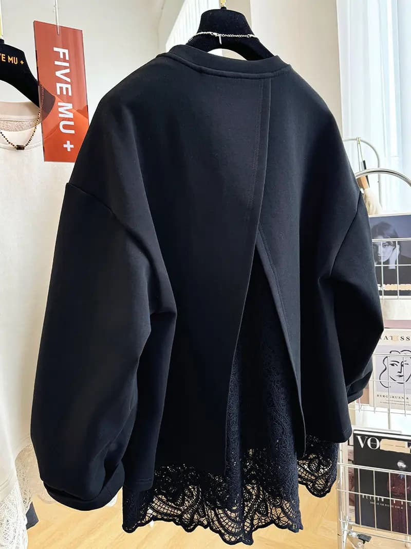 Lace Splicing Fake Two-piece Pullover Round Neck Sweatshirt for Women Autumn Winter Versatile Top Jacket