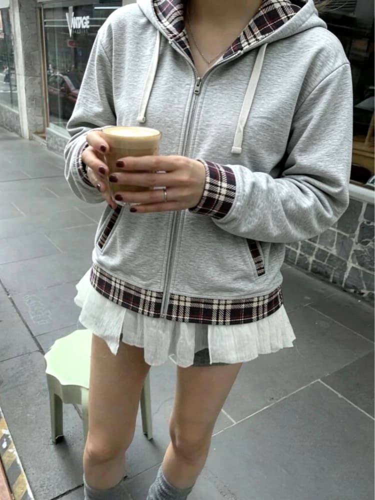 Women's Zip Up Hoodie Plaid Patchwork Slim Fit Long Sleeve Drawstring Sweatshirt Casual Y2K Streetwear Harajuku Jacket Pockets