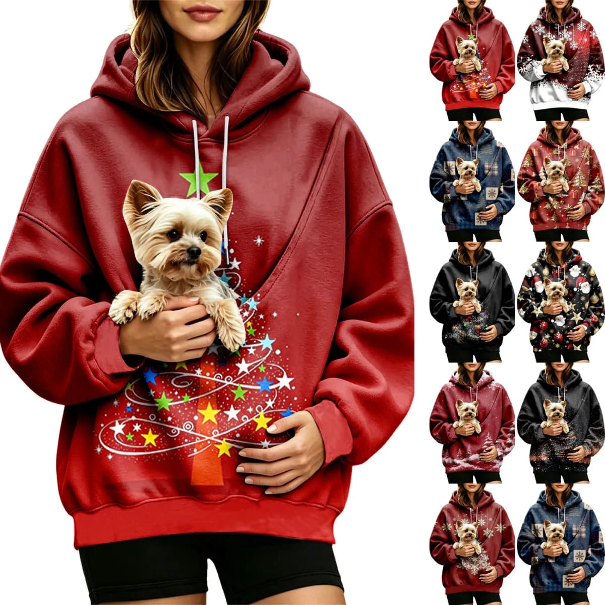 Women Fall And Winter Hoodie With Pet Pouch Oversized Pocket Colorful Print Sweatshirt For Dogs And Cats Long Sleeve Hoodie