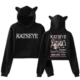 Women's Katseye Funny Print Cropped Hoodies Graphic Cute Cat Ears Crop Tops Gothic Y2k Sweatshirts 90s Fashion Vintage Clothes
