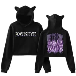 Women's Katseye Funny Print Cropped Hoodies Graphic Cute Cat Ears Crop Tops Gothic Y2k Sweatshirts 90s Fashion Vintage Clothes