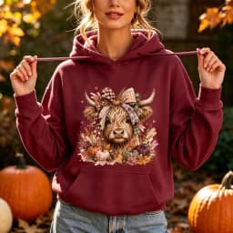 Highland Cow Hoodie Women Pumpkin Fall Thanksgiving Cute Buffalo Plaid Bow Hooded Sweatshirt Warm Cozy Vintage Mom Top Hoodies