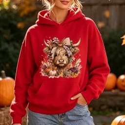 Highland Cow Hoodie Women Pumpkin Fall Thanksgiving Cute Buffalo Plaid Bow Hooded Sweatshirt Warm Cozy Vintage Mom Top Hoodies