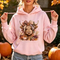 Highland Cow Hoodie Women Pumpkin Fall Thanksgiving Cute Buffalo Plaid Bow Hooded Sweatshirt Warm Cozy Vintage Mom Top Hoodies