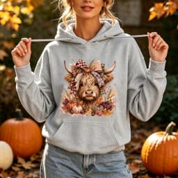 Highland Cow Hoodie Women Pumpkin Fall Thanksgiving Cute Buffalo Plaid Bow Hooded Sweatshirt Warm Cozy Vintage Mom Top Hoodies