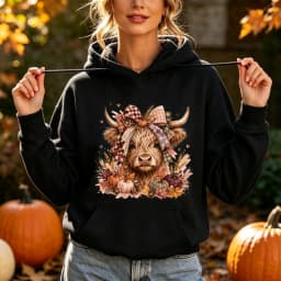 Highland Cow Hoodie Women Pumpkin Fall Thanksgiving Cute Buffalo Plaid Bow Hooded Sweatshirt Warm Cozy Vintage Mom Top Hoodies