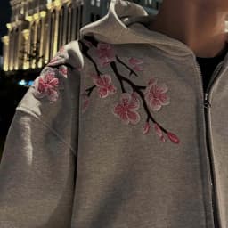 Sakura Bloom Embroidered Womens Hoodie Loose Fit Zip Up Pullover Coat with Vintage Literary Aesthetic