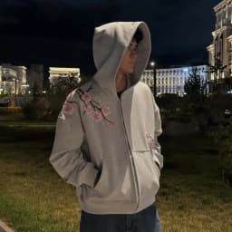 Sakura Bloom Embroidered Womens Hoodie Loose Fit Zip Up Pullover Coat with Vintage Literary Aesthetic