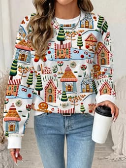 Ladies' autumn winter new long sleeved round neck casual pullover 3D Christmas element Christmas deer printed Pullover Tops