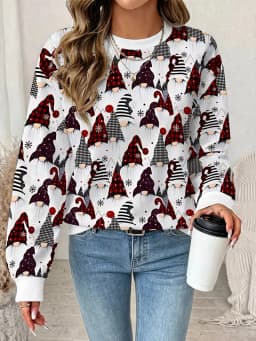 Ladies' autumn winter new long sleeved round neck casual pullover 3D Christmas element Christmas deer printed Pullover Tops