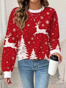 Ladies' autumn winter new long sleeved round neck casual pullover 3D Christmas element Christmas deer printed Pullover Tops
