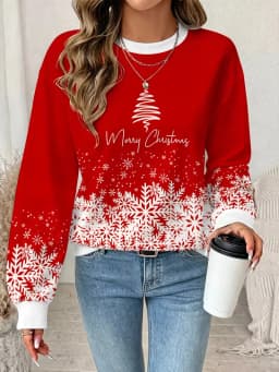 Ladies' autumn winter new long sleeved round neck casual pullover 3D Christmas element Christmas deer printed Pullover Tops