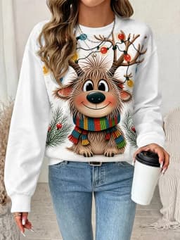Ladies' autumn winter new long sleeved round neck casual pullover 3D Christmas element Christmas deer printed Pullover Tops