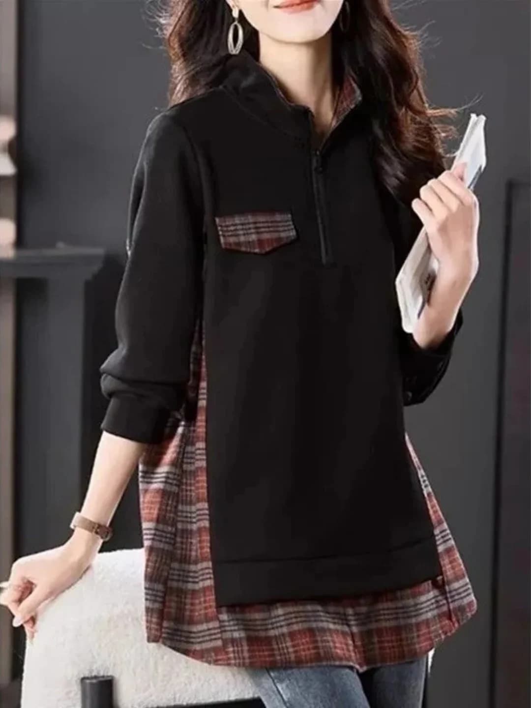 Korean Style Patchwork Loose Long Sleeve Hoodie Grid Splicing Stand Collar Zipper Splicing Large Size Top for Women