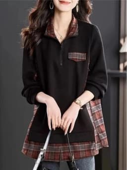 Korean Style Patchwork Loose Long Sleeve Hoodie Grid Splicing Stand Collar Zipper Splicing Large Size Top for Women