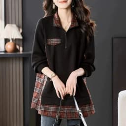 Korean Style Patchwork Loose Long Sleeve Hoodie Grid Splicing Stand Collar Zipper Splicing Large Size Top for Women