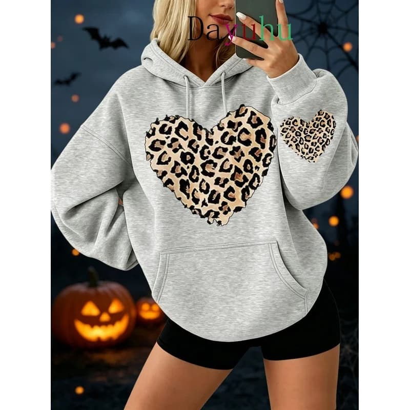 Trendy Oversized Pullover Hoodie Halloween Leopard Heart Print Autumn Winter Street Wear Daily Lounge Wear Fashion Sweatshirt
