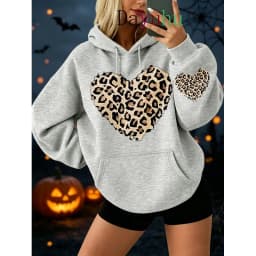Trendy Oversized Pullover Hoodie Halloween Leopard Heart Print Autumn Winter Street Wear Daily Lounge Wear Fashion Sweatshirt