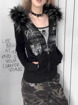 American Retro Fur Patchwork Grunge Hoodies Women Vintage Gothic Print Hooded Zip-up Sweatshirts Harajuku Aesthetic Y2k Jacket